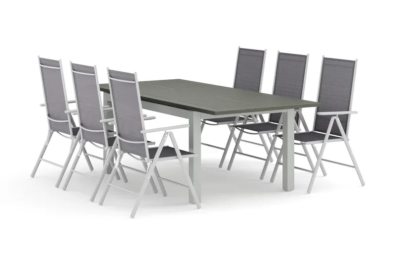 Monaco utendørs spisegruppe uttrekkbar 150–250x90 med 6 Maggie regulerbare stoler, Hvit/Grå