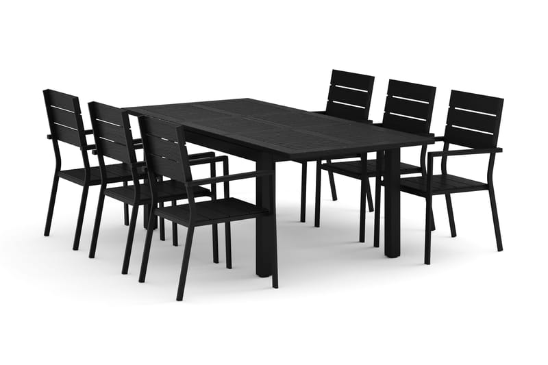 Monaco utendørs spisegruppe uttrekkbar 150–250x90 med 6 Tunis stablebare stoler - Svart/Grå - Hagemøbler - Hagegruppe - Spisegrupper hage