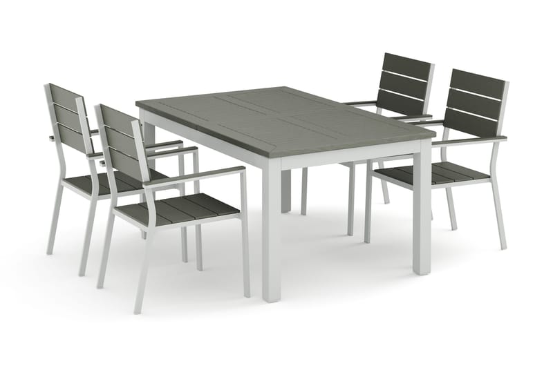 Monaco utendørs spisegruppe uttrekkbar 150-250x90 med 4 Tunis stablestoler - Hvit/Grå - Hagemøbler - Hagegruppe - Spisegrupper hage