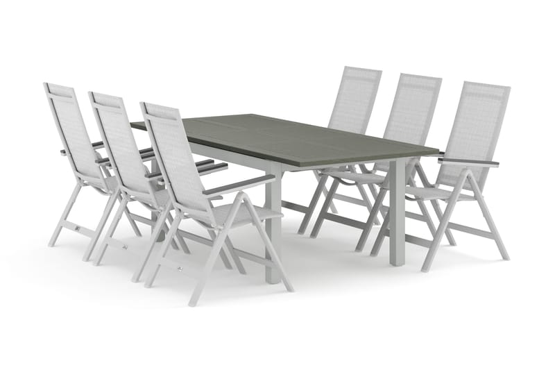 Monaco utendørs spisegruppe uttrekkbar 150-250x90 med 6 Monaco Light posisjonsstoler, Hvit/Grå