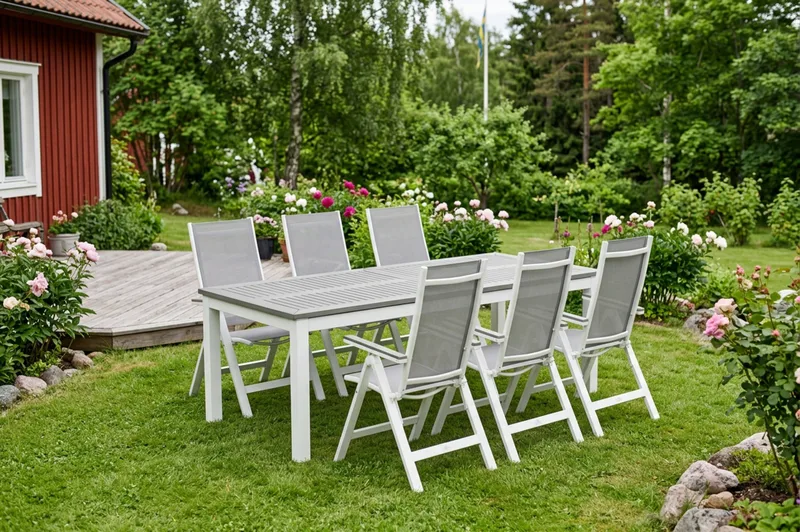 Monaco utendørs spisegruppe uttrekkbar 210/310x90 med 6 Monaco Light posisjonsstoler - Hvit/Grå - Hagemøbler - Hagegruppe - Spisegrupper hage
