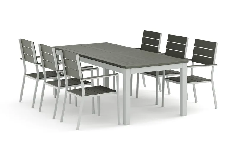 Monaco utendørs spisegruppe uttrekkbar 210/310x90 med 6 Tunis stablestoler - Hvit/Grå - Hagemøbler - Hagegruppe - Spisegrupper hage