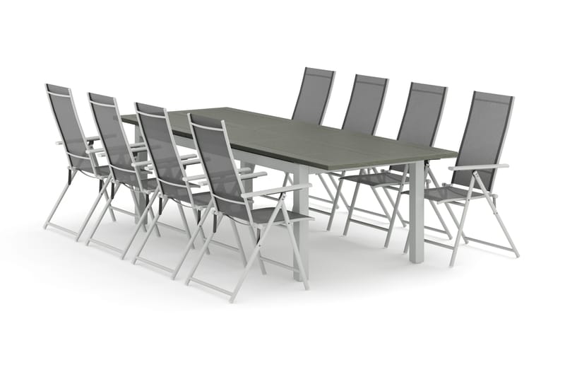 Monaco utendørs spisegruppe uttrekkbar 210/310x90 med 8 Sanna posisjonsstoler, Hvit/Grå