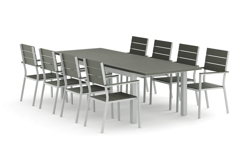 Monaco utendørs spisegruppe uttrekkbar 210/310x90 med 8 Tunis stablestoler - Hvit/Grå - Hagemøbler - Hagegruppe - Spisegrupper hage