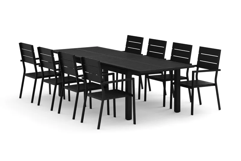 Monaco utendørs spisegruppe uttrekkbar 210/310x90 med 8 Tunis stablestoler, Svart/Grå