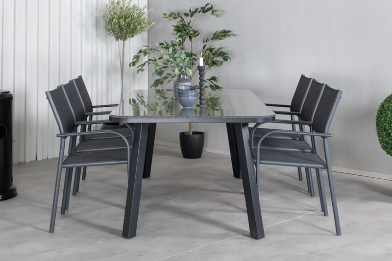 Paola Spisegruppe 200cm + 6 Santorini Karmstoler Svart/natur - Venture Home - Hagemøbler - Hagegruppe - Spisegrupper hage