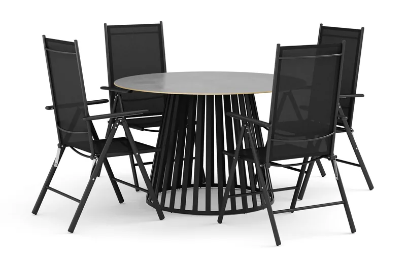 Sensi utendørs spisegruppe 120 cm med 4 Maggie regulerbare stoler, Svart
