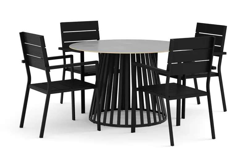 Sensi utendørs spisegruppe 120 cm med 4 Tunis stablebare stoler, Svart