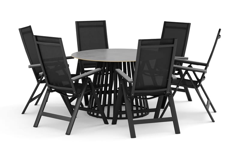 Sensi utendørs spisegruppe 120 cm med 6 Monaco Light regulerbare stoler, Svart