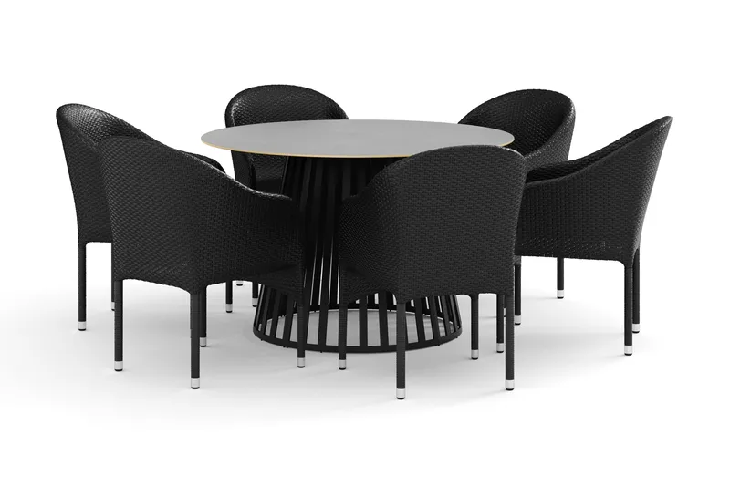 Sensi utendørs spisegruppe 120 cm med 6 Thor lenestoler, Svart