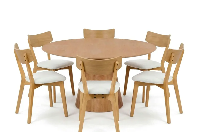 Siena spisegruppe 150 cm rund i eik med 6 Amelia spisestoler med pute, Eik/Beige
