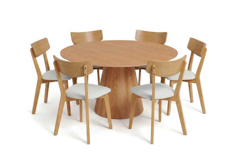 Siena spisegruppe 150 cm rund i eik med 6 Amelia spisestoler med pute - Eik/Beige - Hagemøbler - Hagegruppe - Spisegrupper hage