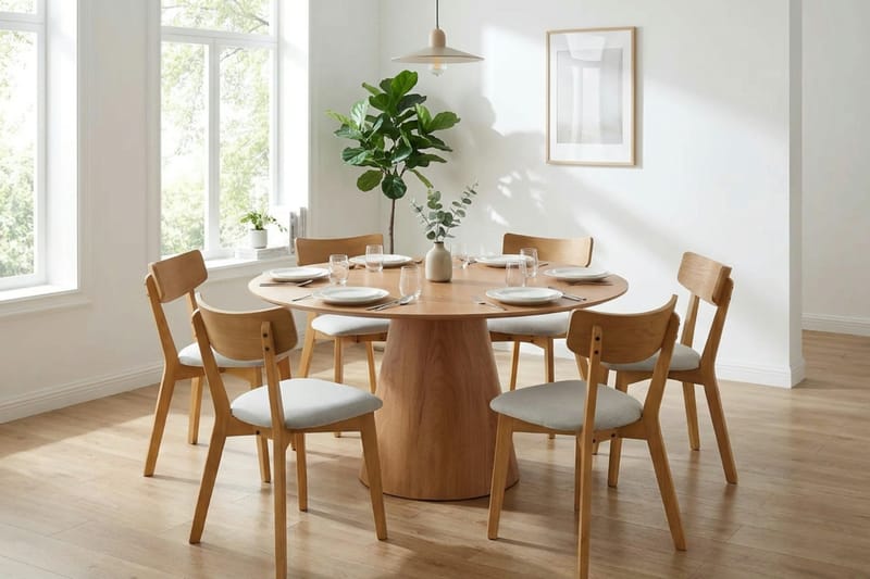 Siena spisegruppe 150 cm rund i eik med 6 Amelia spisestoler med pute - Eik/Beige - Hagemøbler - Hagegruppe - Spisegrupper hage