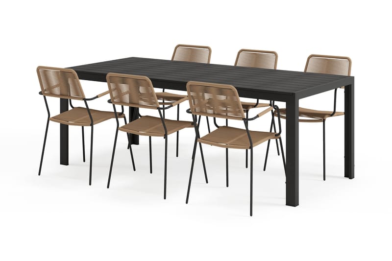 Siri Spisebord 205 cm med 6 Lindos Spisestoler - Svart - Hagemøbler - Hagegruppe - Spisegrupper hage