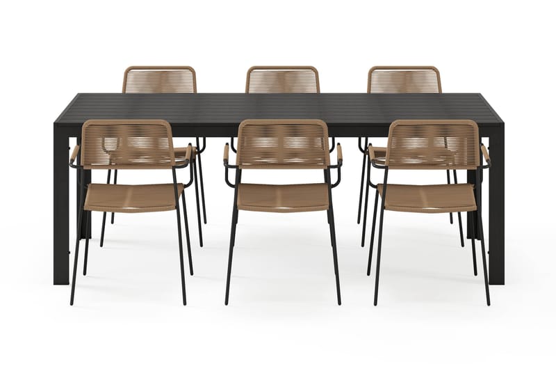 Siri Spisebord 205 cm med 6 Lindos Spisestoler - Svart - Hagemøbler - Hagegruppe - Spisegrupper hage