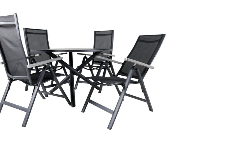 Spisegruppe for utendørsbruk Alma spisebord – svart alu – ø120 cm + Albany Light 5-pos – svart / svart textilene og grå teak_4 Svart/grå - Hagemøbler - Hagegruppe - Spisegrupper hage
