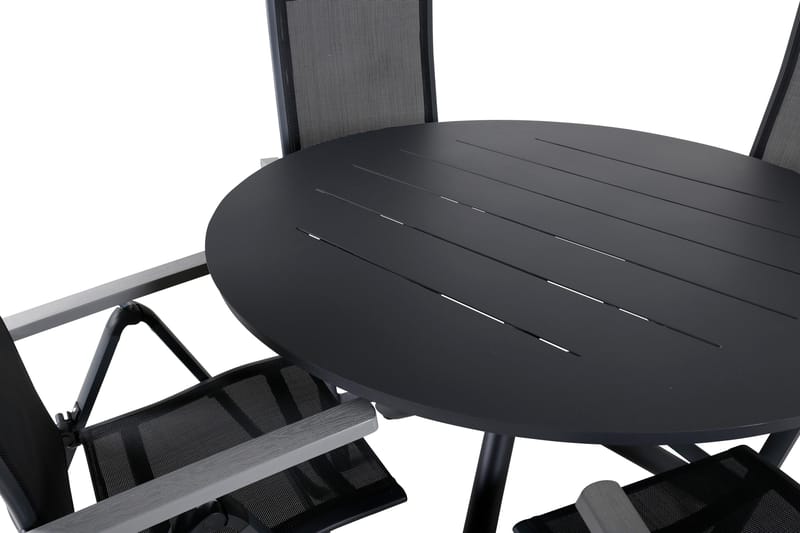 Spisegruppe for utendørsbruk Alma spisebord – svart alu – ø120 cm + Albany Light 5-pos – svart / svart textilene og grå teak_4 Svart/grå - Hagemøbler - Hagegruppe - Spisegrupper hage