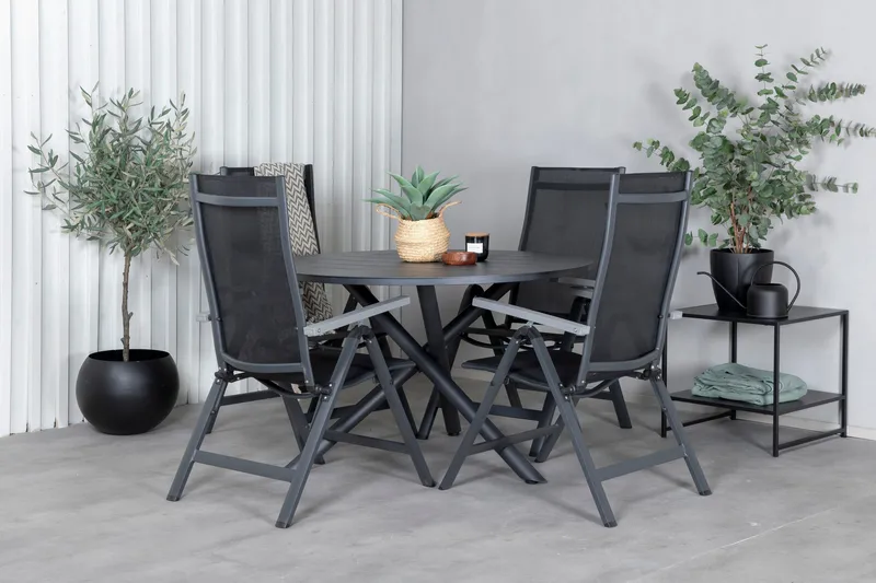 Spisegruppe for utendørsbruk Alma spisebord – svart alu – ø120 cm + Albany Light 5-pos – svart / svart textilene og grå teak_4 Svart/grå - Hagemøbler - Hagegruppe - Spisegrupper hage