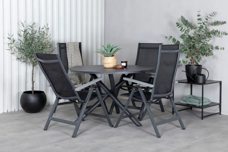 Spisegruppe for utendørsbruk Alma spisebord – svart alu – ø120 cm + Albany Light 5-pos – svart / svart textilene og grå teak_4 Svart/grå - Hagemøbler - Hagegruppe - Spisegrupper hage