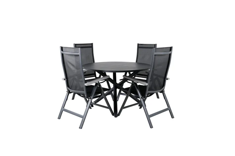 Spisegruppe for utendørsbruk Alma spisebord – svart alu – ø120 cm + Albany Light 5-pos – svart / svart textilene og grå teak_4 Svart/grå, undefined