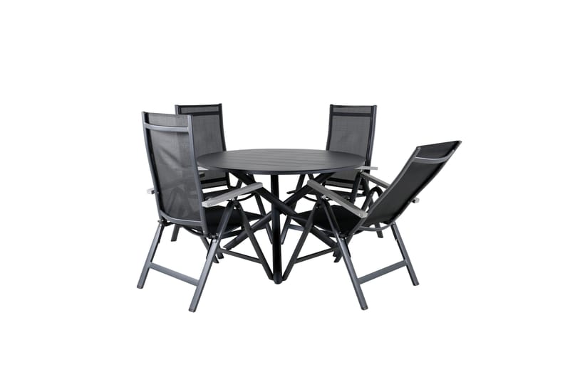 Spisegruppe for utendørsbruk Alma spisebord – svart alu – ø120 cm + Albany Light 5-pos – svart / svart textilene og grå teak_4 Svart/grå - Hagemøbler - Hagegruppe - Spisegrupper hage