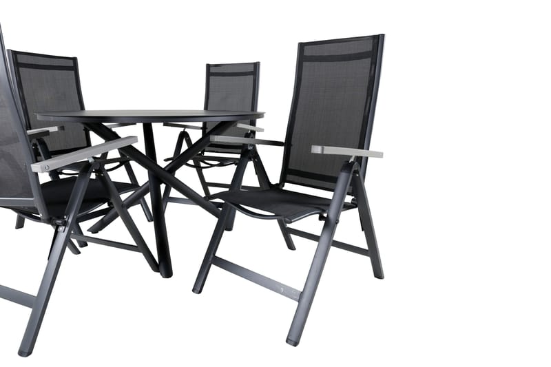 Spisegruppe for utendørsbruk Alma spisebord – svart alu – ø120 cm + Albany Light 5-pos – svart / svart textilene og grå teak_4 Svart/grå - Hagemøbler - Hagegruppe - Spisegrupper hage