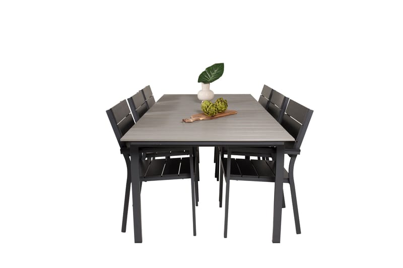 Spisegruppe for utendørsbruk Levels bord 229/310 – svart/grå – Levels stol (stapelbar) – svart alu / svart Aintwood 6 Svart/grå - Hagemøbler - Hagegruppe - Spisegrupper hage
