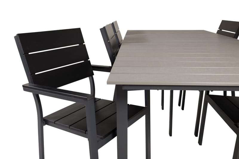 Spisegruppe for utendørsbruk Levels bord 229/310 – svart/grå – Levels stol (stapelbar) – svart alu / svart Aintwood 6 Svart/grå - Hagemøbler - Hagegruppe - Spisegrupper hage