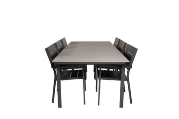 Spisegruppe for utendørsbruk Levels bord 229/310 – svart/grå – Levels stol (stapelbar) – svart alu / svart Aintwood 6 Svart/grå - Hagemøbler - Hagegruppe - Spisegrupper hage