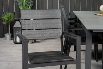 Spisegruppe for utendørsbruk Levels bord 229/310 – svart/grå – Levels stol (stapelbar) – svart alu / svart Aintwood 6 Svart/grå - Hagemøbler - Hagegruppe - Spisegrupper hage
