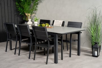 Spisegruppe for utendørsbruk Levels bord 229/310 – svart/grå – Levels stol (stapelbar) – svart alu / svart Aintwood 6 Svart/grå - Hagemøbler - Hagegruppe - Spisegrupper hage