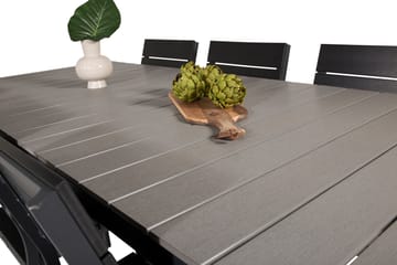 Spisegruppe for utendørsbruk Levels bord 229/310 – svart/grå – Levels stol (stapelbar) – svart alu / svart Aintwood 6 Svart/grå - Hagemøbler - Hagegruppe - Spisegrupper hage
