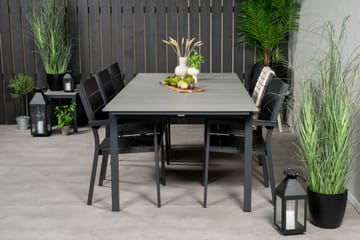 Spisegruppe for utendørsbruk Levels bord 229/310 – svart/grå – Levels stol (stapelbar) – svart alu / svart Aintwood 6 Svart/grå - Hagemøbler - Hagegruppe - Spisegrupper hage