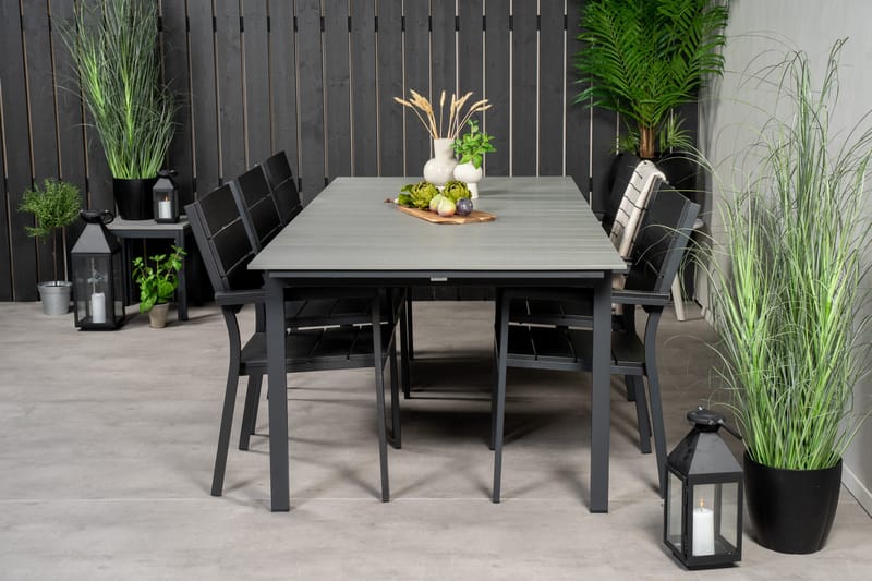 Spisegruppe for utendørsbruk Levels bord 229/310 – svart/grå – Levels stol (stapelbar) – svart alu / svart Aintwood 6 Svart/grå - Hagemøbler - Hagegruppe - Spisegrupper hage