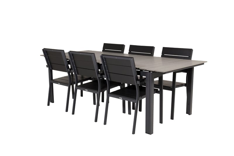 Spisegruppe for utendørsbruk Levels bord 229/310 – svart/grå – Levels stol (stapelbar) – svart alu / svart Aintwood 6 Svart/grå - Hagemøbler - Hagegruppe - Spisegrupper hage