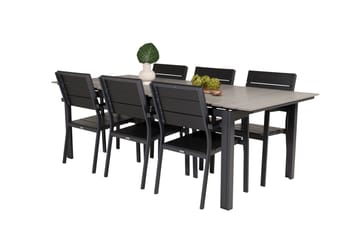 Spisegruppe for utendørsbruk Levels bord 229/310 – svart/grå – Levels stol (stapelbar) – svart alu / svart Aintwood 6 Svart/grå - Hagemøbler - Hagegruppe - Spisegrupper hage