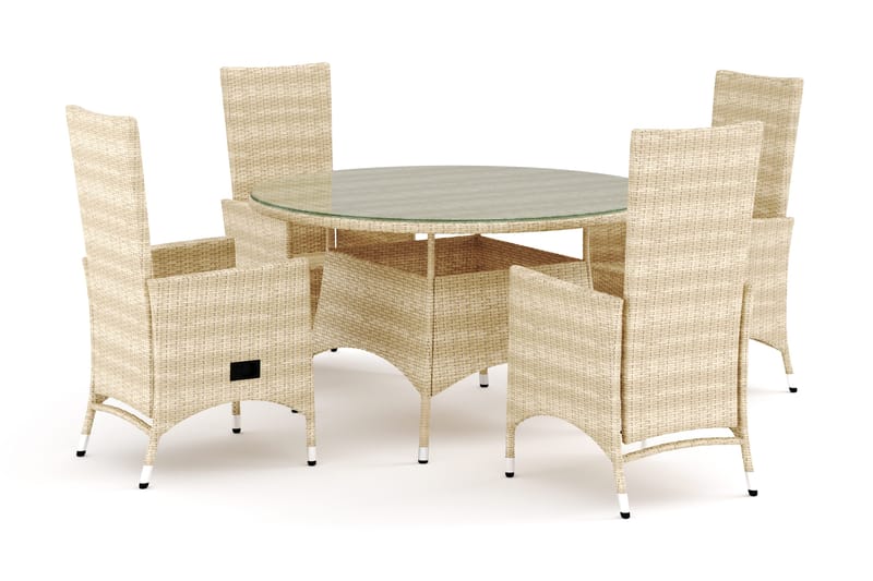 Thor utendørs rund spisegruppe 140 cm med 4 Jenny spisestoler, Beige