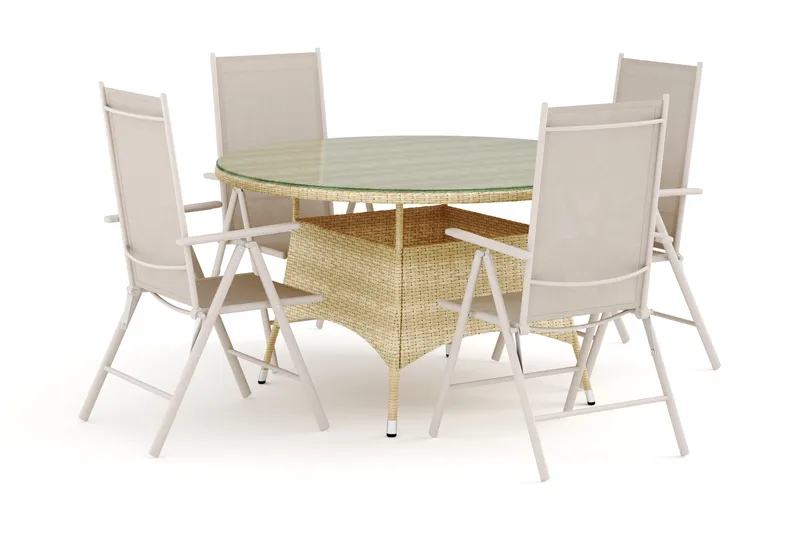 Thor utendørs rund spisegruppe 140 cm med 4 Maggie regulerbare stoler - Beige - Hagemøbler - Hagegruppe - Spisegrupper hage