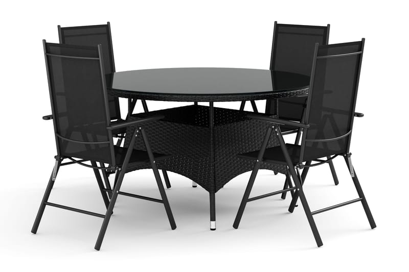 Thor utendørs rund spisegruppe 140 cm med 4 regulerbare stoler, Svart