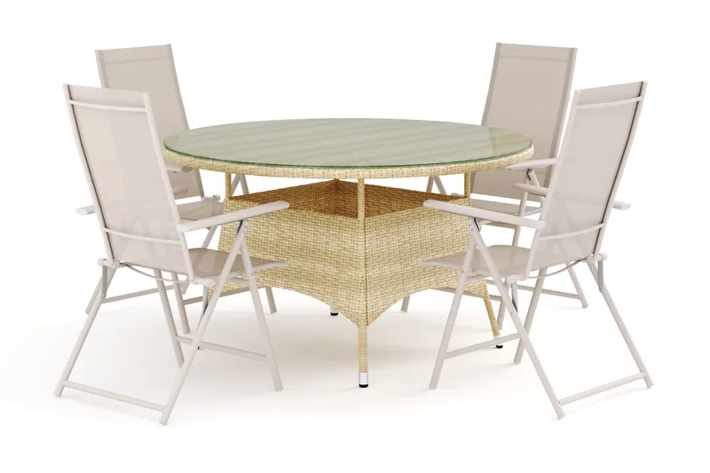 Thor utendørs rund spisegruppe 140 cm med 4 Sanna regulerbare stoler - Beige - Hagemøbler - Hagegruppe - Spisegrupper hage