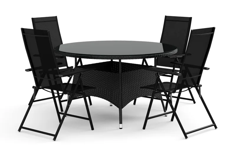 Thor utendørs rund spisegruppe 140 cm med 4 Sanna regulerbare stoler, Svart