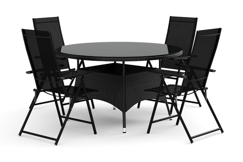 Thor utendørs rund spisegruppe 140 cm med 4 Sanna regulerbare stoler, Svart
