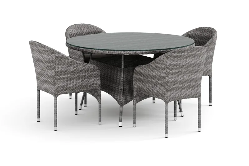 Thor utendørs rund spisegruppe 140 cm med 4 Thor lenestoler, Grå