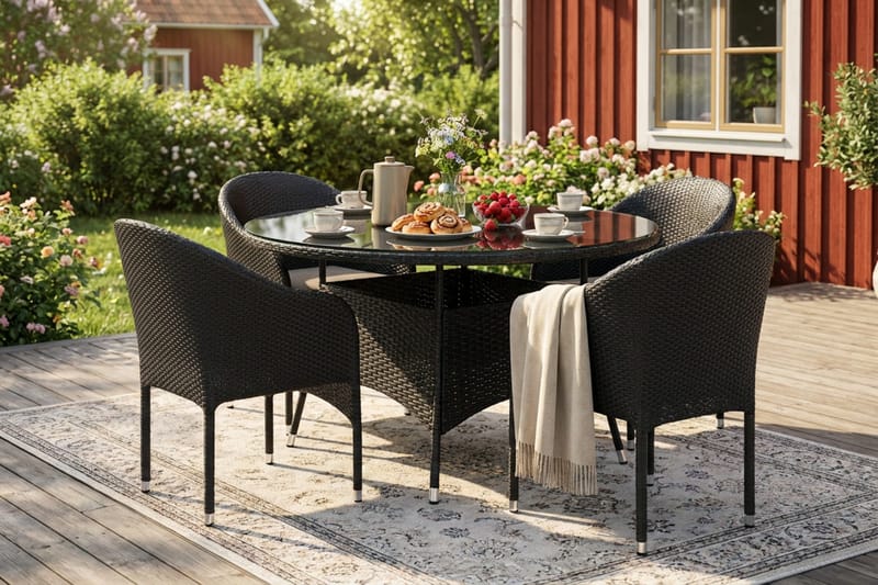 Thor utendørs rund spisegruppe 140 cm med 4 Thor lenestoler - Svart - Hagemøbler - Hagegruppe - Spisegrupper hage