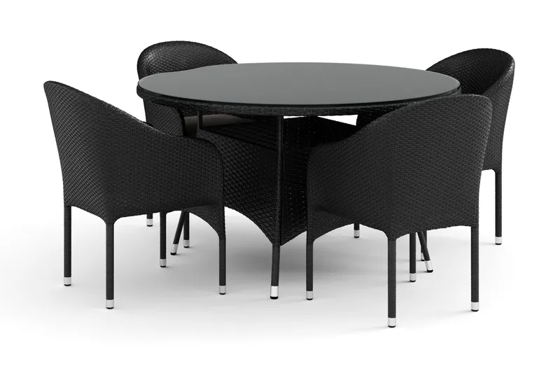 Thor utendørs rund spisegruppe 140 cm med 4 Thor lenestoler, Svart