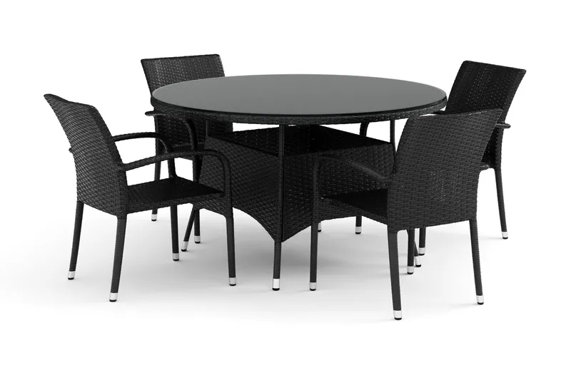 Thor utendørs rund spisegruppe 140 cm med 4 Thor Light utefåtøljer, Svart