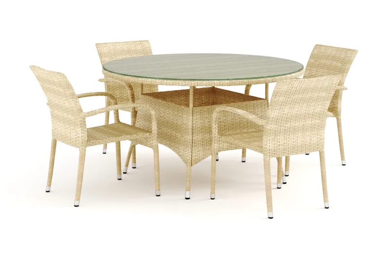 Thor utendørs rund spisegruppe 140 cm med 4 Thor Light utefåtöljer - Beige - Hagemøbler - Hagegruppe - Spisegrupper hage