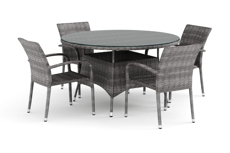 Thor utendørs rund spisegruppe 140 cm med 4 Thor Light utefåtöljer, Grå