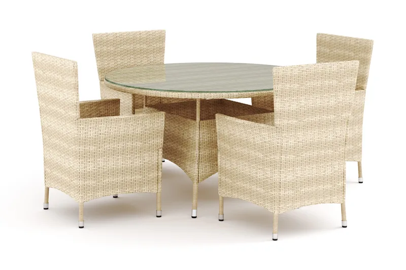Thor utendørs rund spisegruppe 140 cm med 4 Thor utefåtøljer, Beige