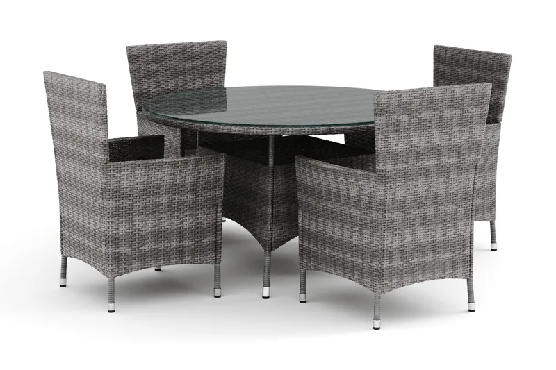 Thor utendørs rund spisegruppe 140 cm med 4 Thor utefåtöljer, Grå